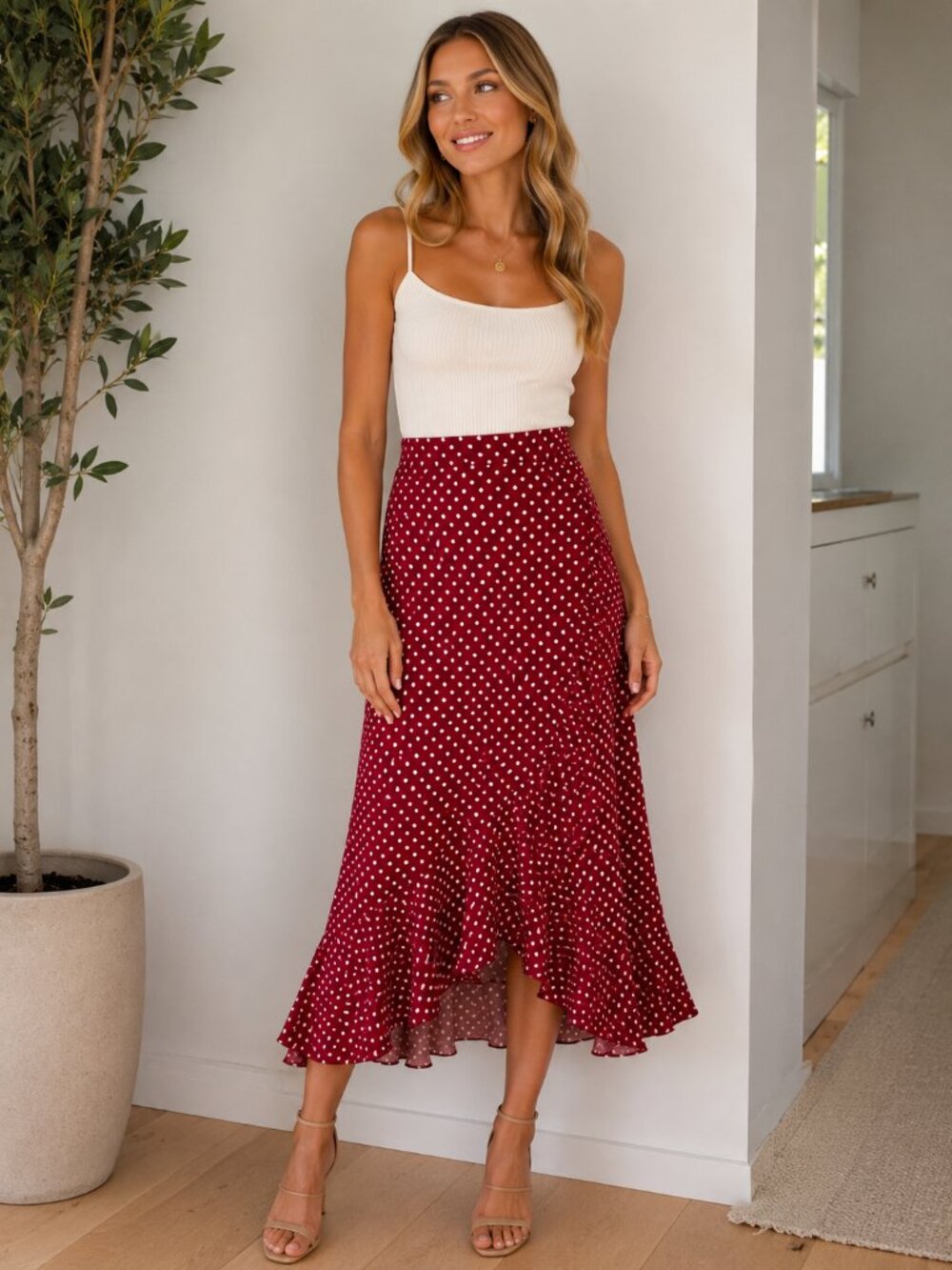 Anthropologie Red Polka Dot Maxi Skirt